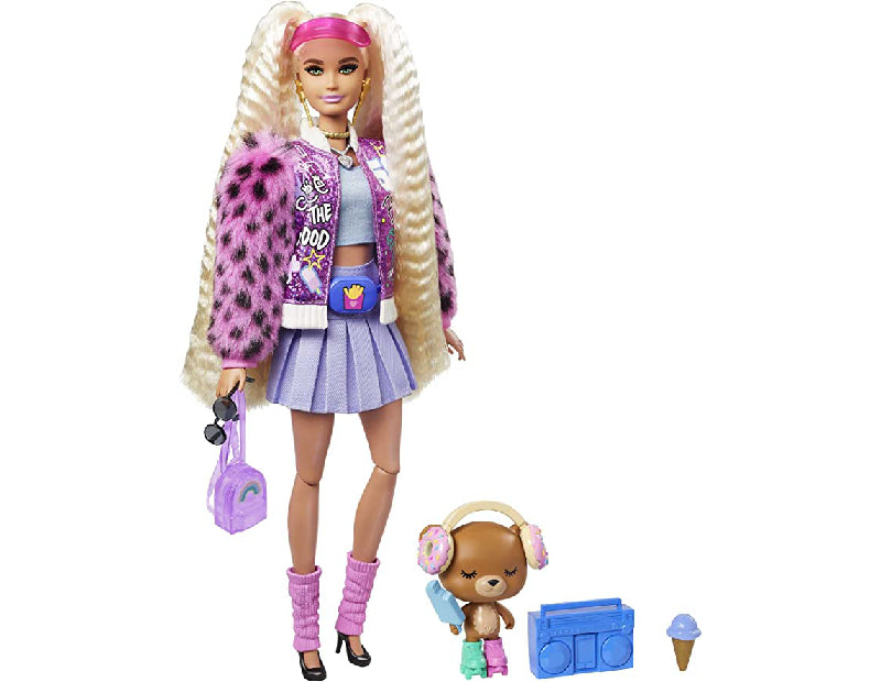 Barbie Extra - Doll with fur sleeves and teddy bear